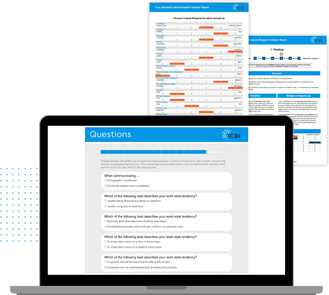 The ICBI assessment on a laptop, alongside pages from the full Individual Cultural Blueprint Indicator report